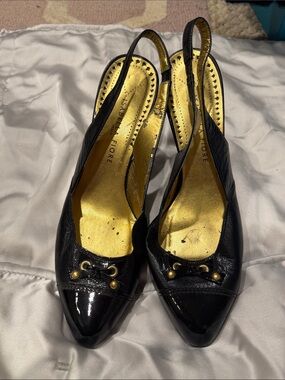 Isabella Fiore Black Pointed-Toe Slingback Pumps with Gold Accents